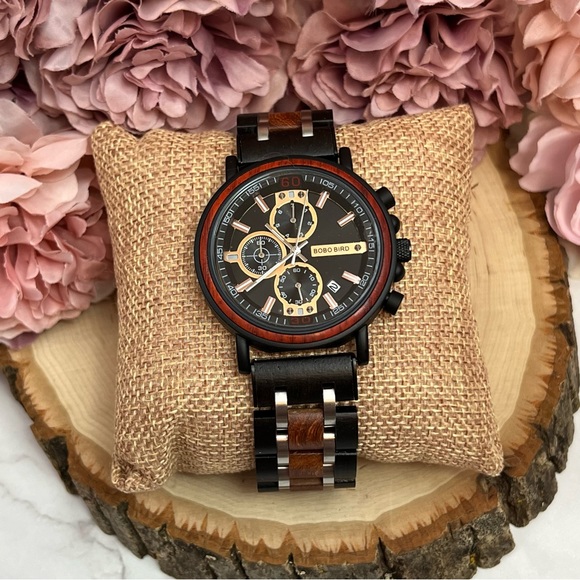 Luxury Amaranth & Ebony Wood Chronograph Military Quartz Watch - Picture 6 of 15